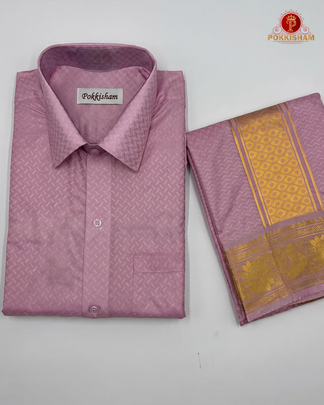 Wedding Pure Silk  Mens shirt and Dhotis Set  -  Pink Rose