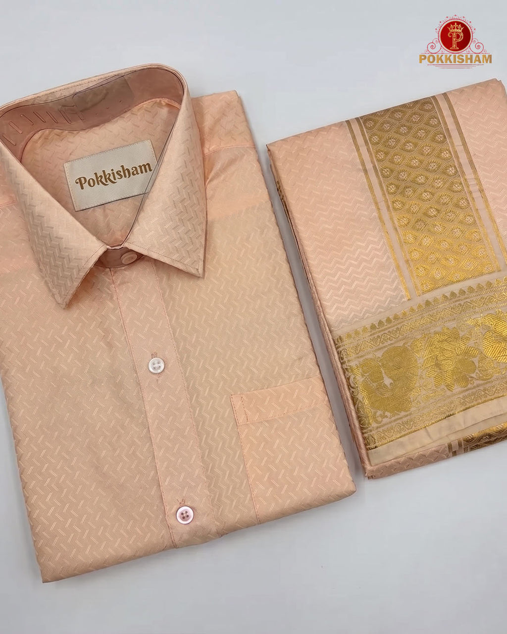 Wedding Pure Silk  Mens shirt and Dhotis Set  -  Coral