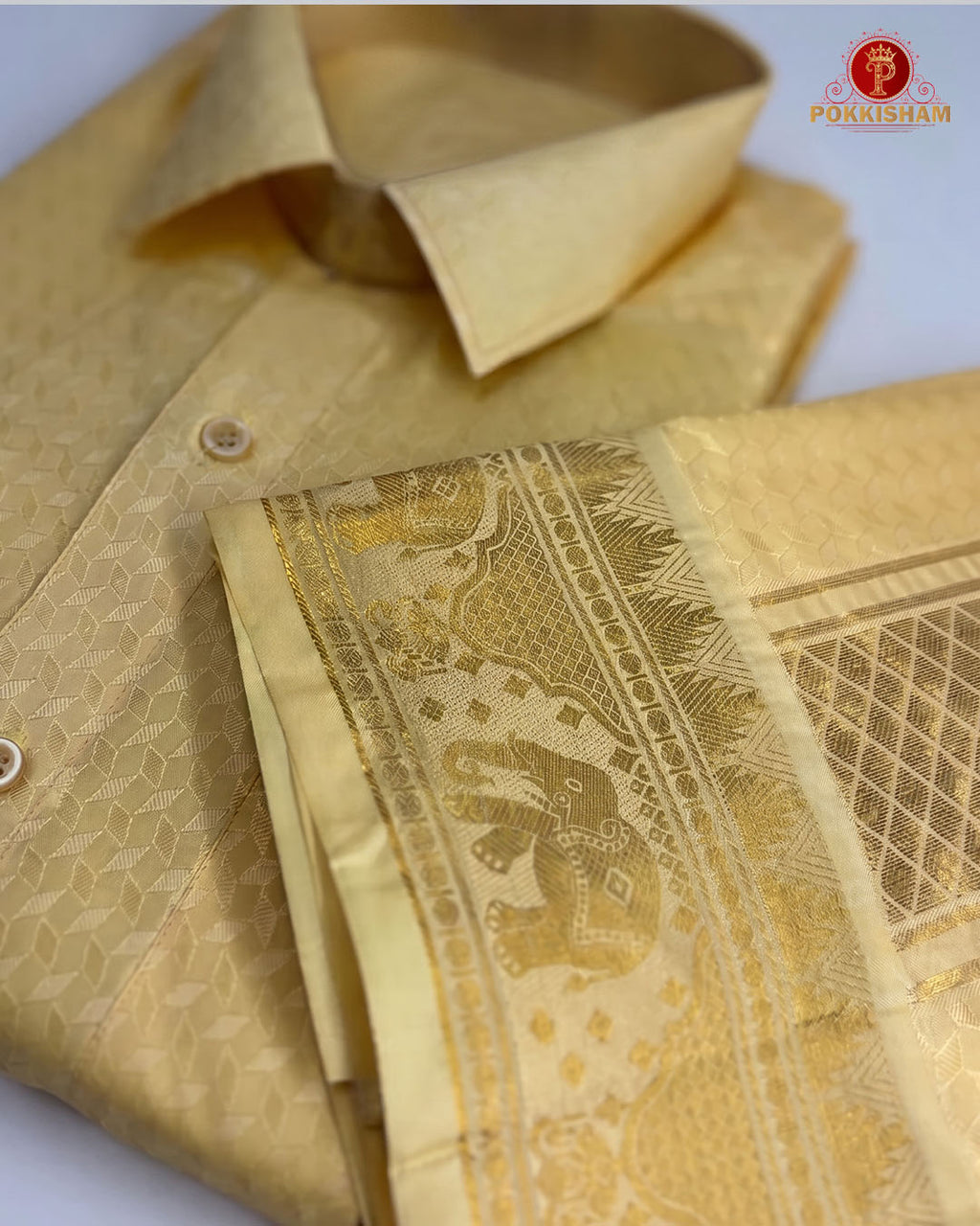 Wedding Pure Silk  Mens shirt and Dhotis Set  -  Mango