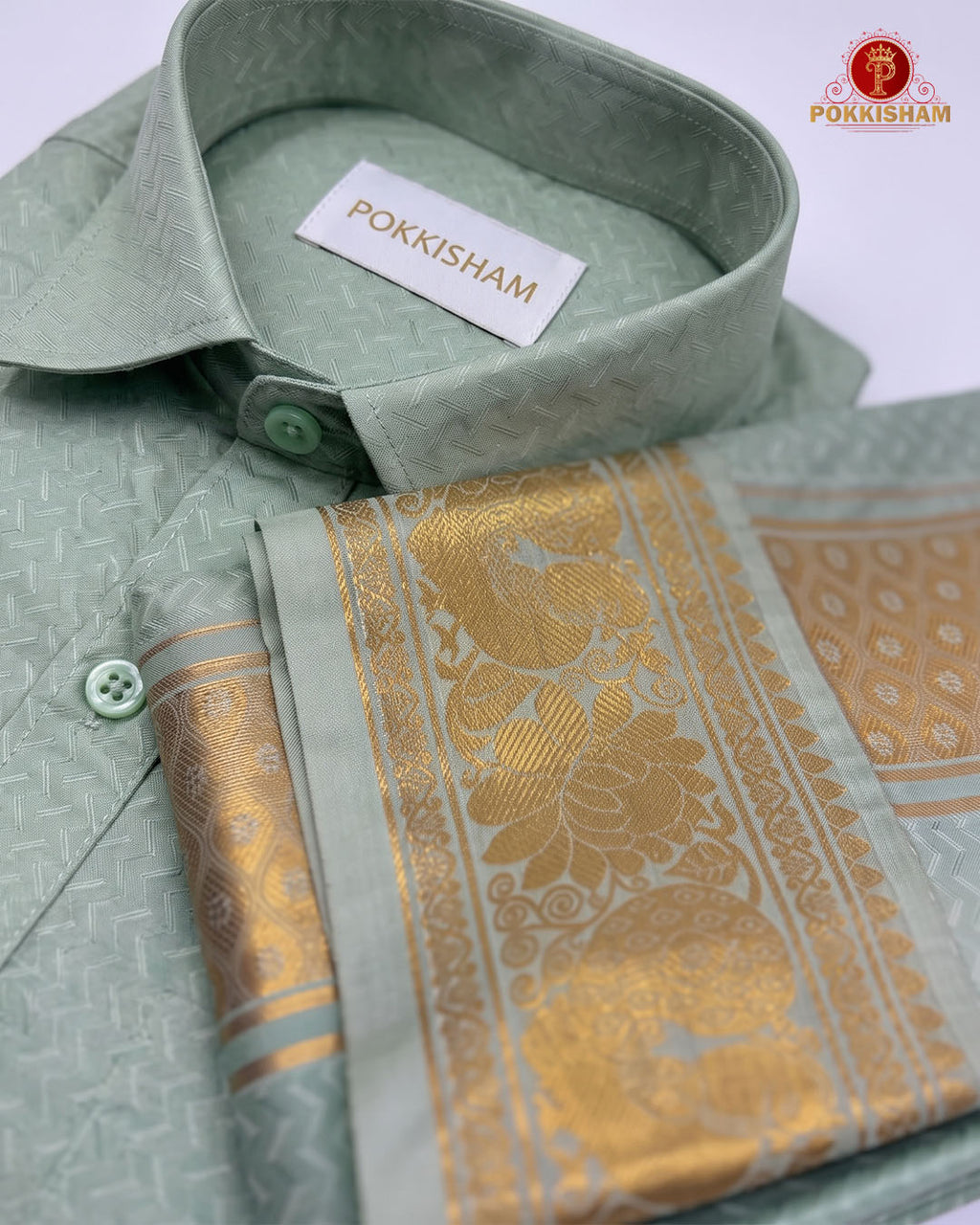 Wedding Pure Silk  Mens shirt and Dhotis Set  -  Pista
