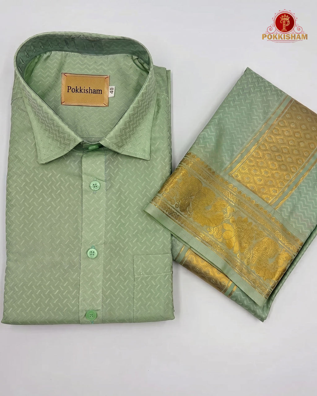 Wedding Pure Silk  Mens shirt and Dhotis Set  -  Pista