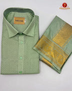 Wedding Pure Silk  Mens shirt and Dhotis Set  -  Pista