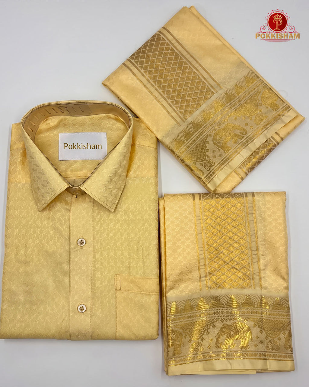 Wedding Pure Silk  Mens shirt and Dhotis Set  -  L. Mango