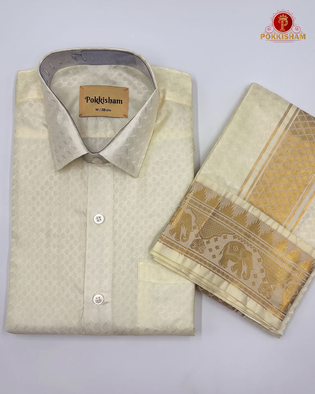 Wedding Pure Silk  Mens shirt and Dhotis Set  -  Cream