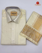Wedding Pure Silk  Mens shirt and Dhotis Set  -  Cream
