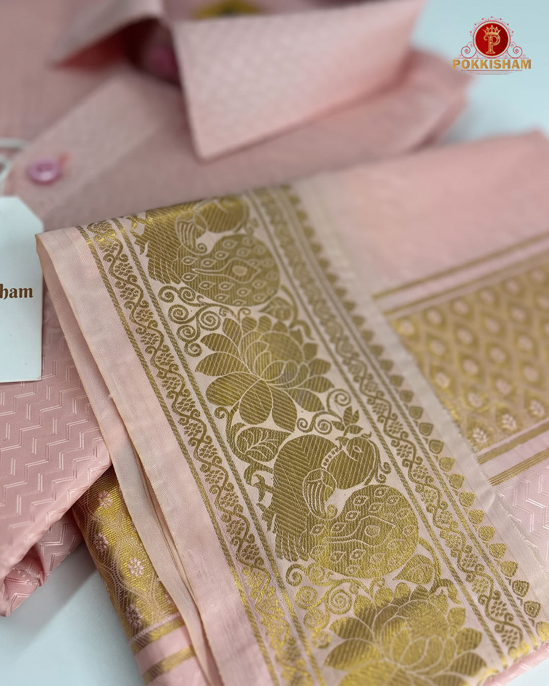 Wedding Pure Silk  Mens shirt and Dhotis Set  -  Lite Rose