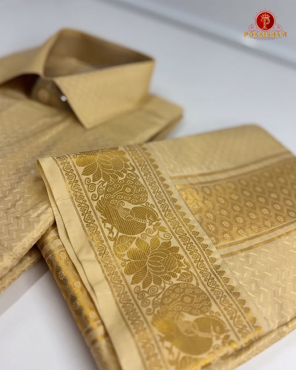 Wedding Pure Silk  Mens shirt and Dhotis Set  -  Biscut