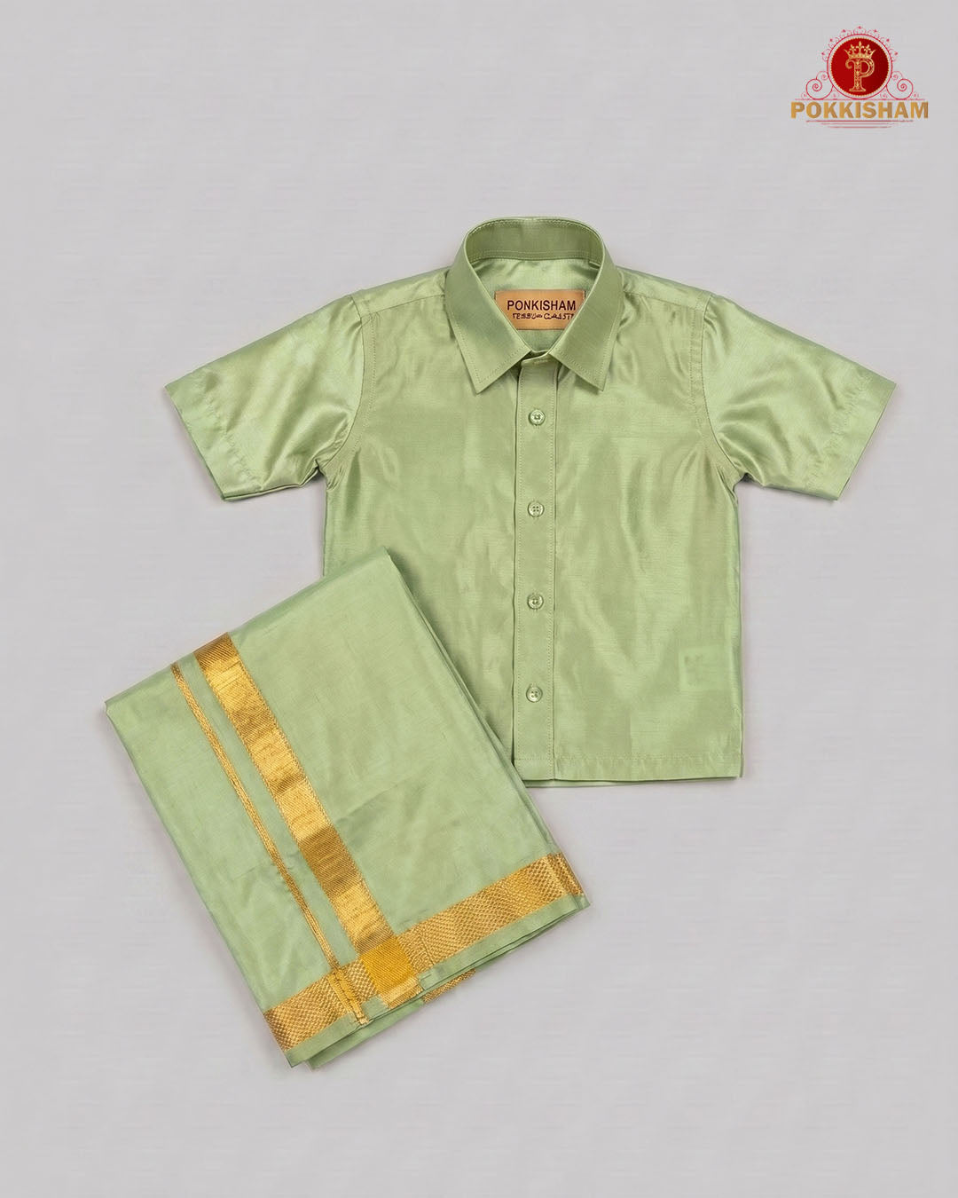 Kids Premium Silk Dhoti Set with Gold Zari -  Pista