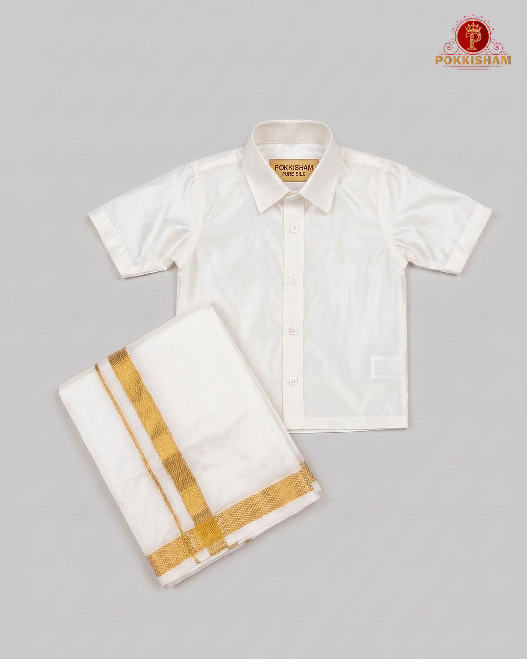 Kids Premium Silk Dhoti Set with Gold Zari -  White