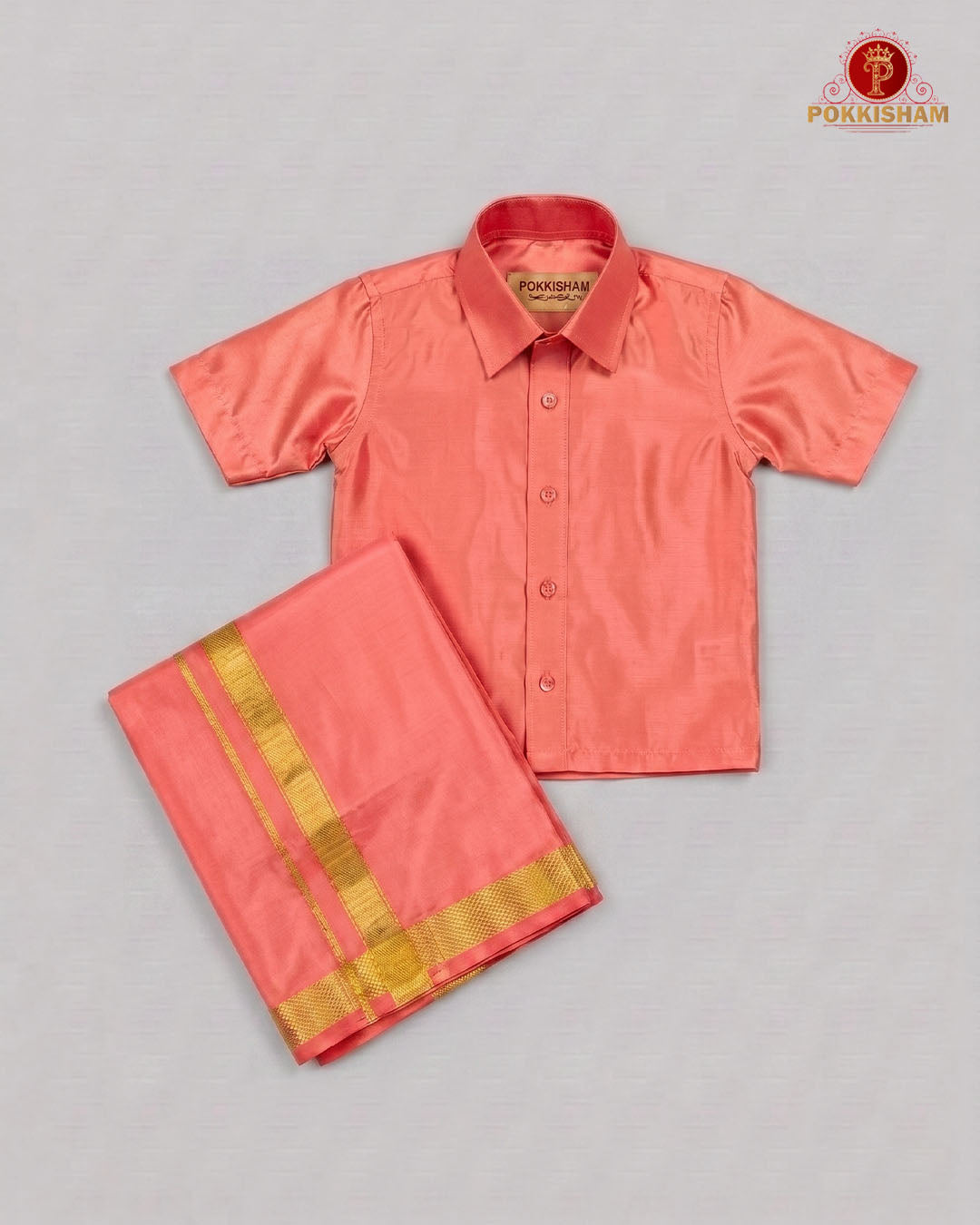Kids Premium Silk Dhoti Set with Gold Zari -  Pinkish Peach