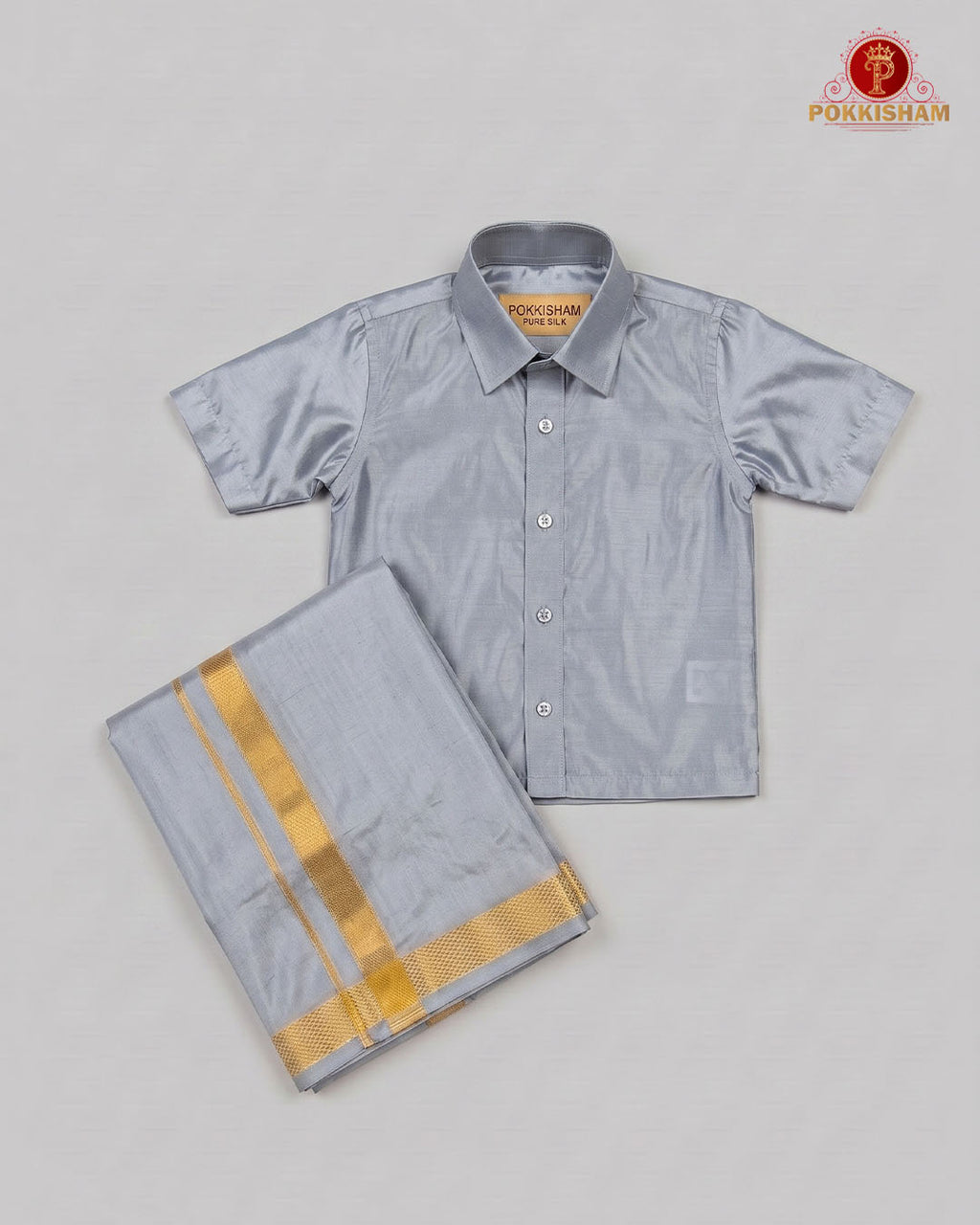 Kids Premium Silk Dhoti Set with Gold Zari -  Steel Grey