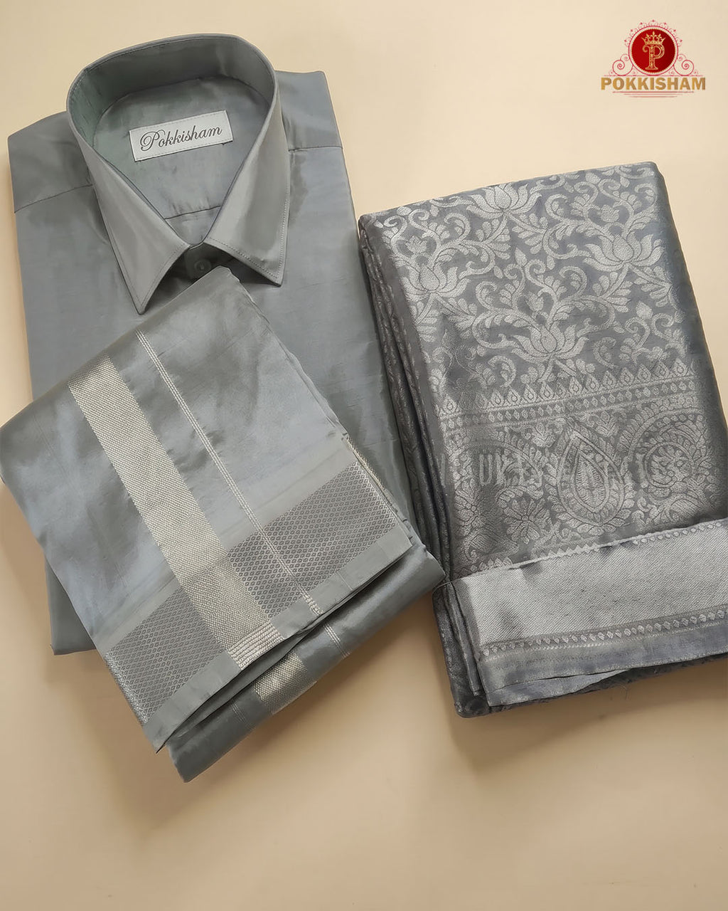 Premium Silk Couple Combo Set with Colour Zari - Steel Grey