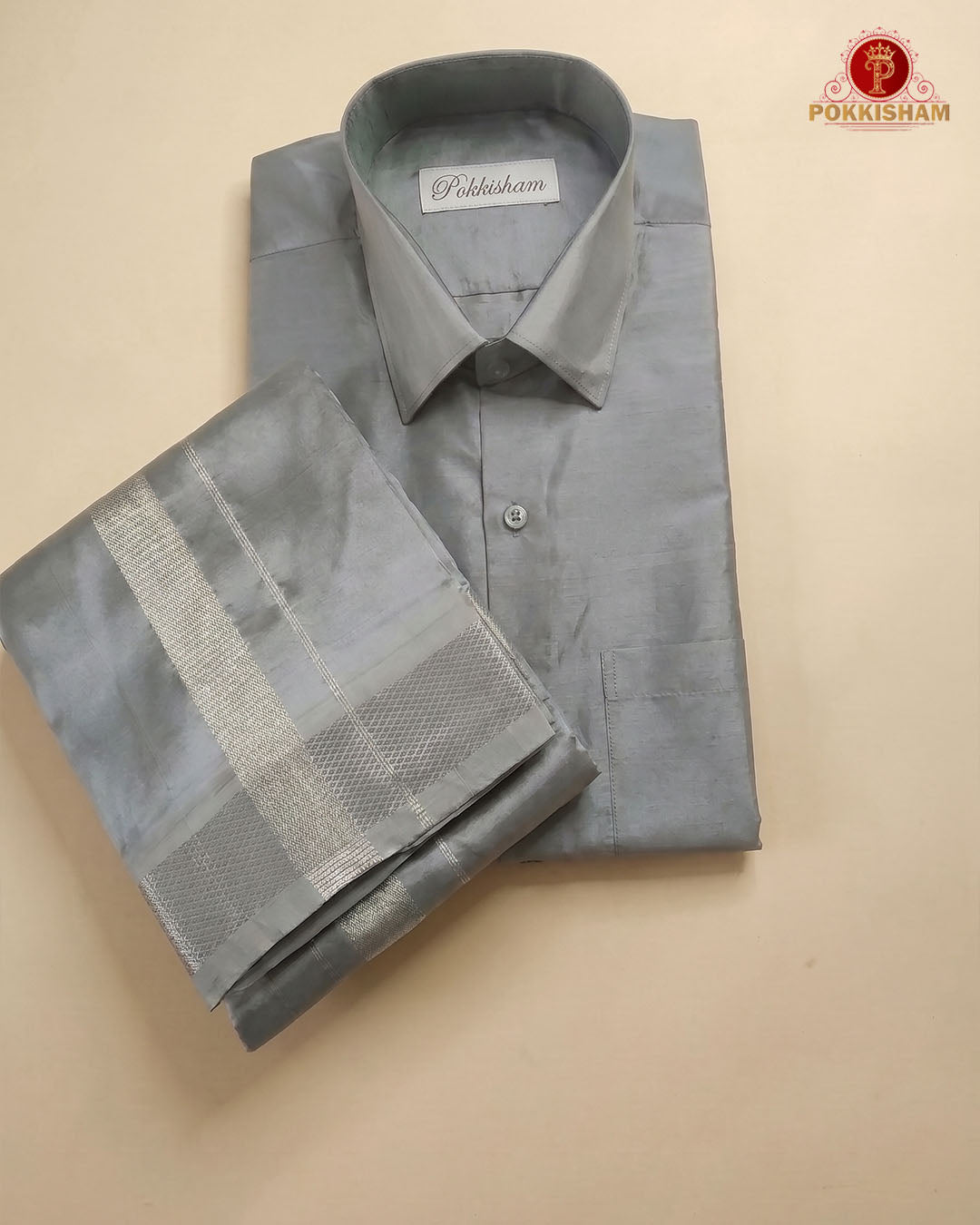 Premium Silk Couple Combo Set with Colour Zari - Steel Grey