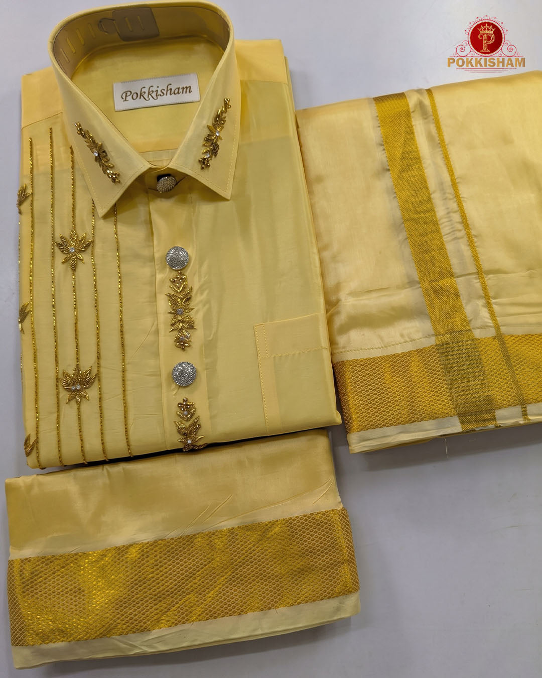 Luxury Aari Work Wedding Silk Dhoti Set - (HandCrafted)