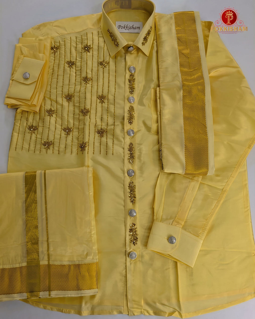 Luxury Aari Work Wedding Silk Dhoti Set - (HandCrafted)