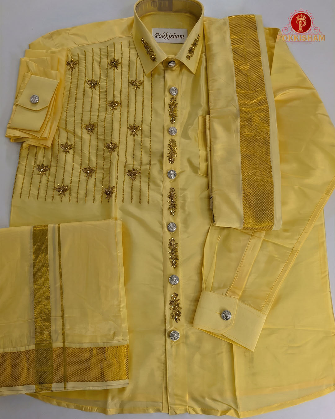 Luxury Aari Work Wedding Silk Dhoti Set - (HandCrafted)