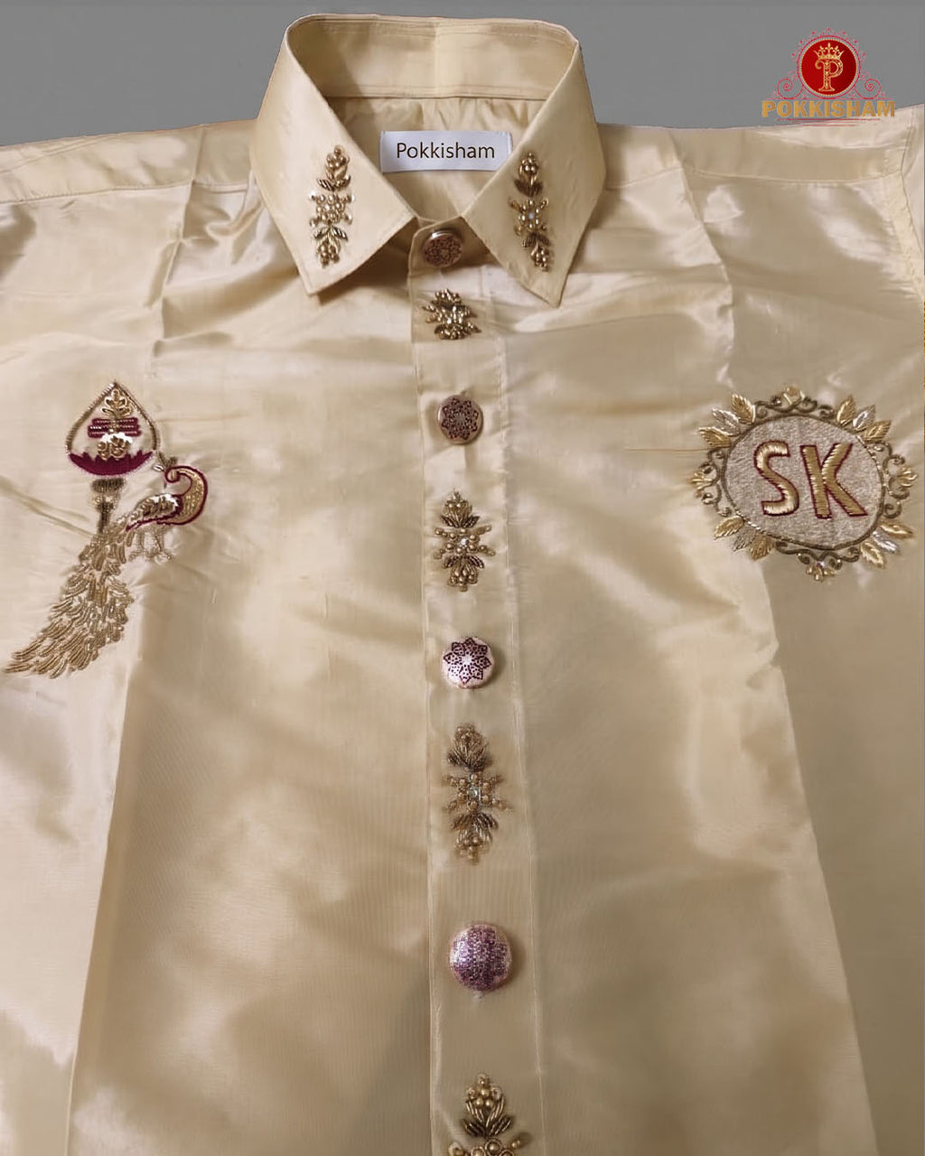 Luxury Aari Work Wedding Silk Dhoti Set - (HandCrafted)