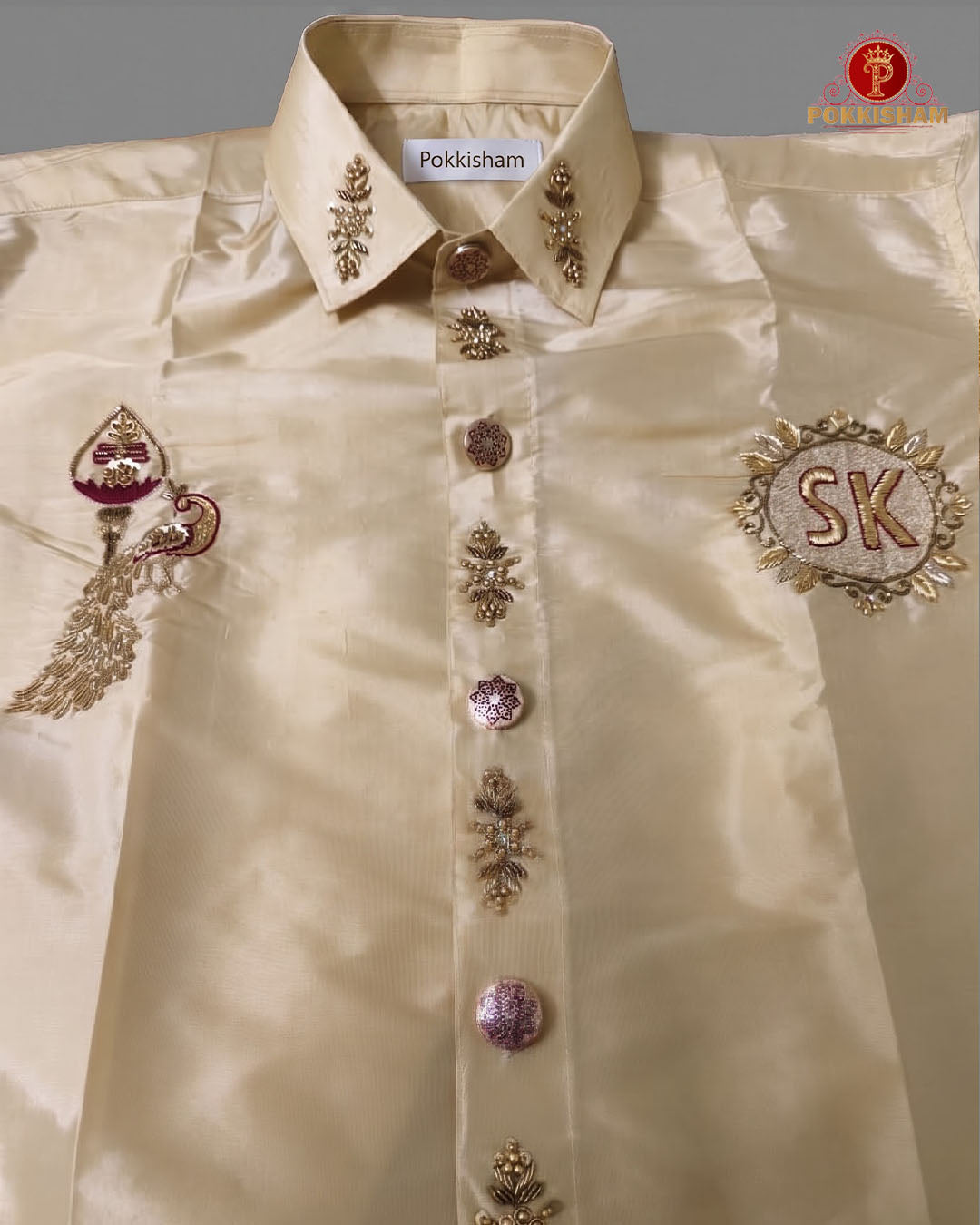 Luxury Aari Work Wedding Silk Dhoti Set - (HandCrafted)