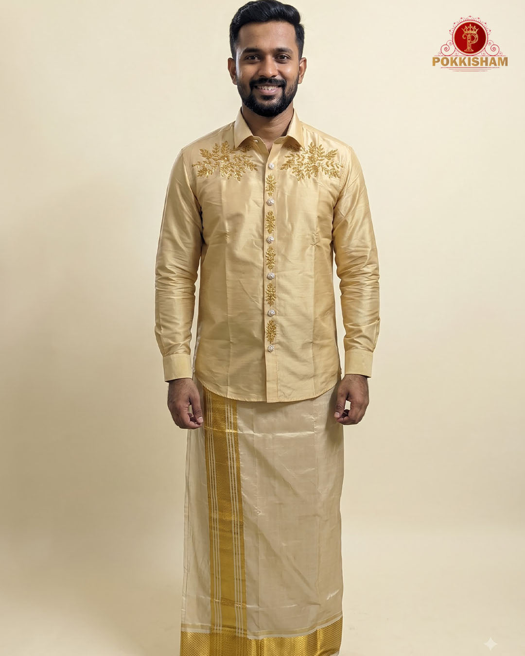 Luxury Aari Work Wedding Silk Dhoti Set - (HandCrafted)