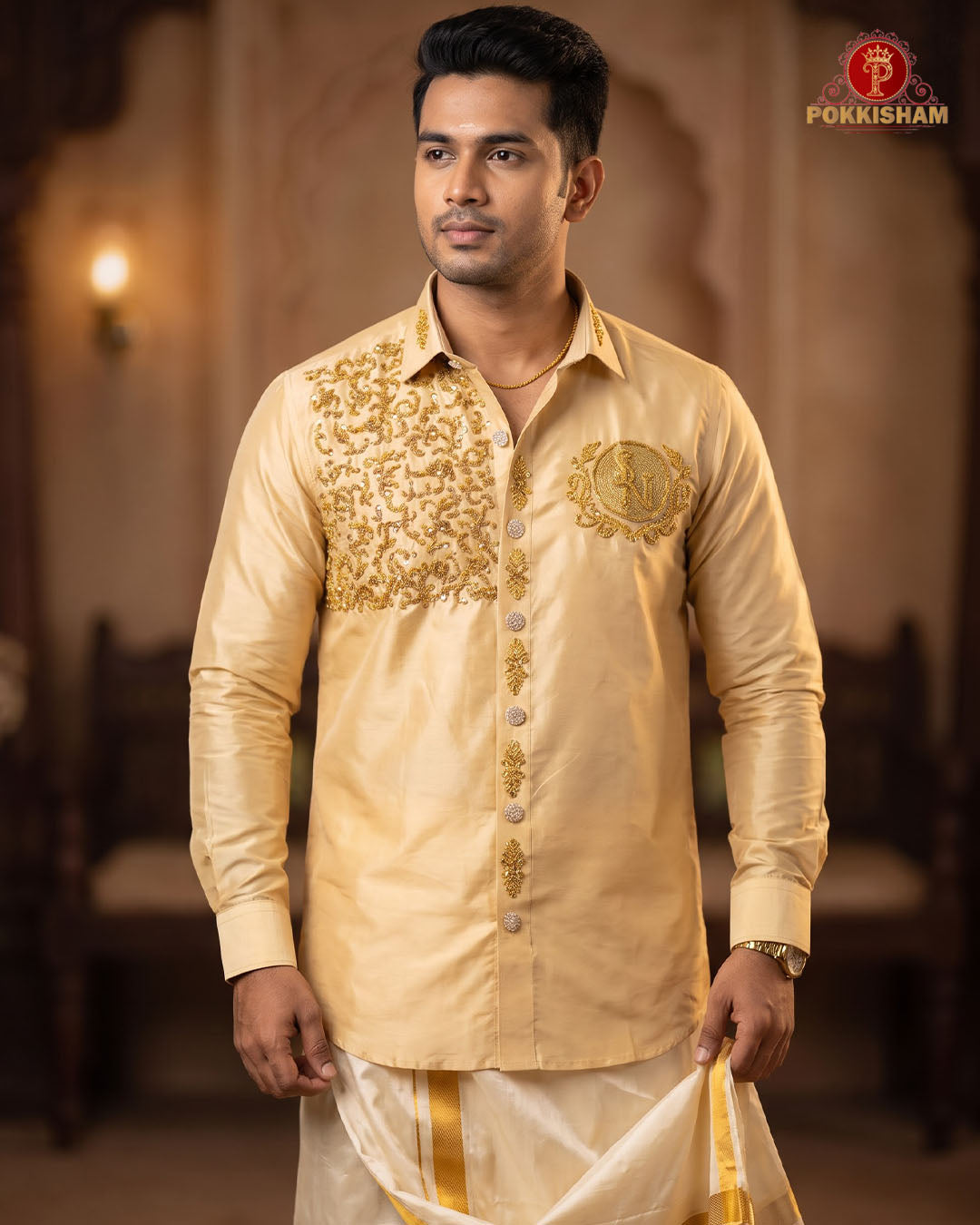 Luxury Aari Work Wedding Silk Dhoti Set - (HandCrafted)