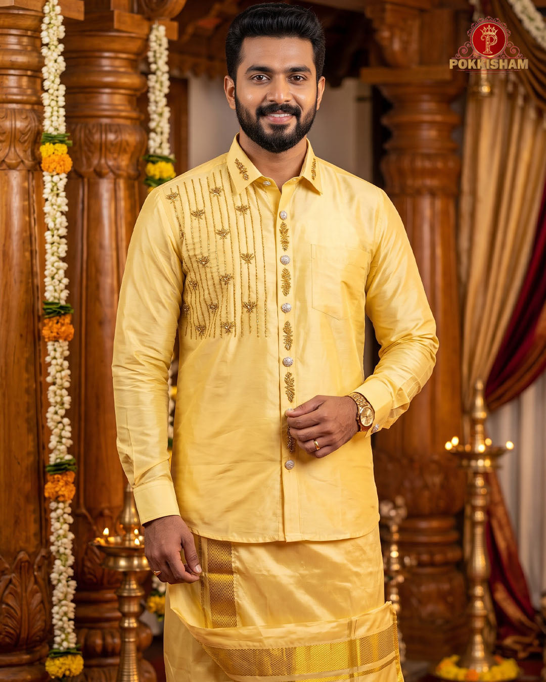Luxury Aari Work Wedding Silk Dhoti Set - (HandCrafted)