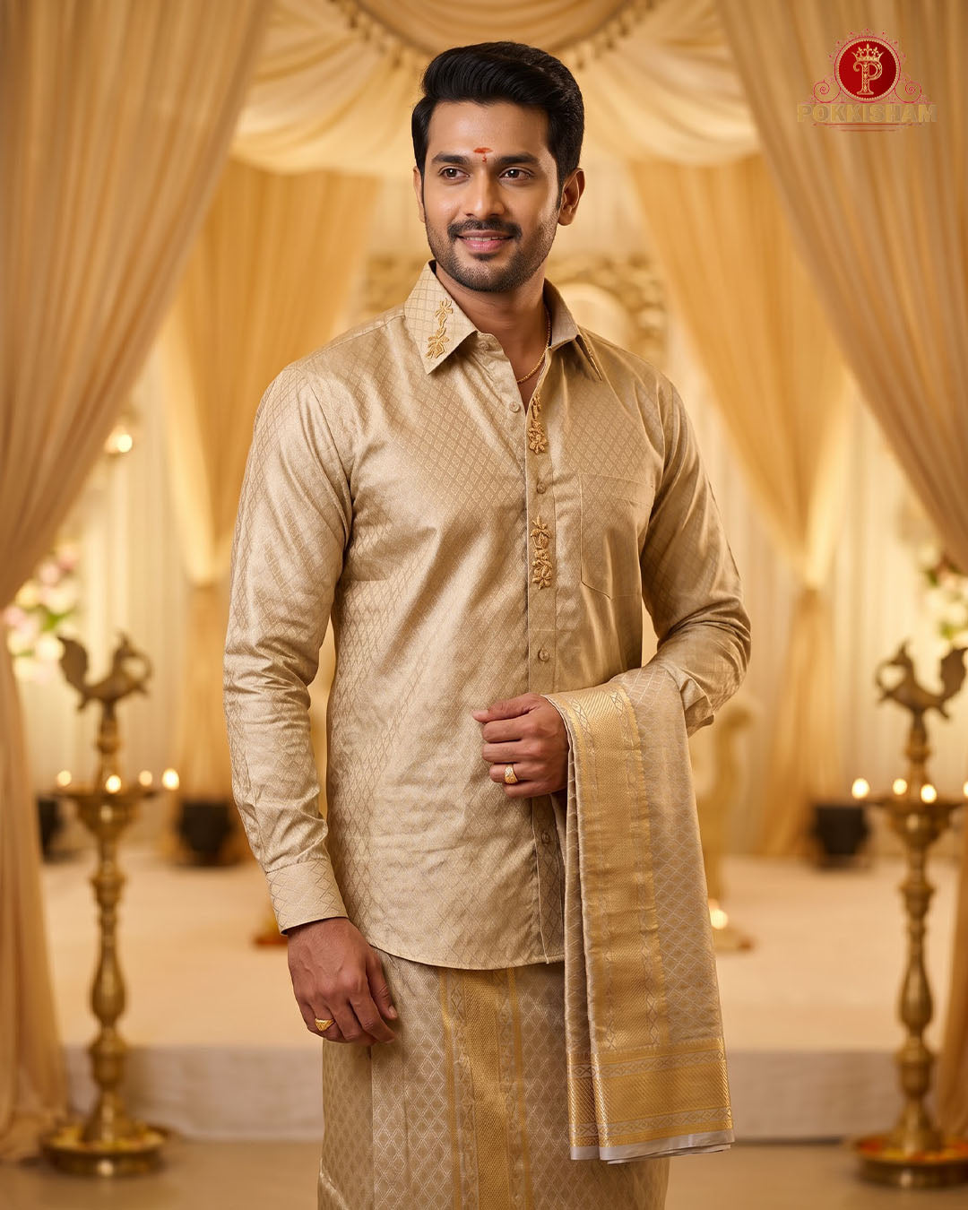 Luxury Aari Work Wedding Silk Dhoti Set - (HandCrafted)