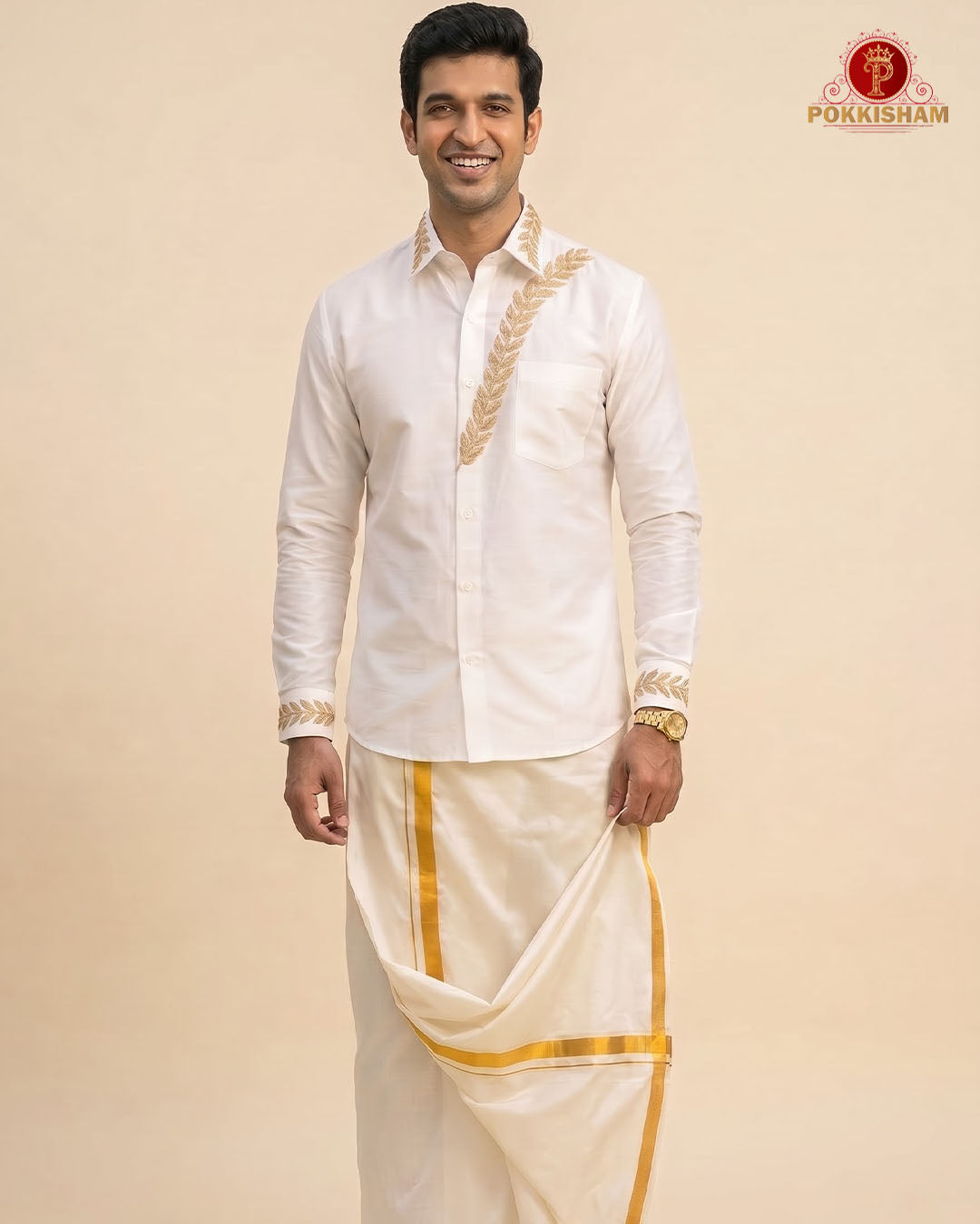 Luxury Aari Work Wedding Silk Dhoti Set - (HandCrafted)