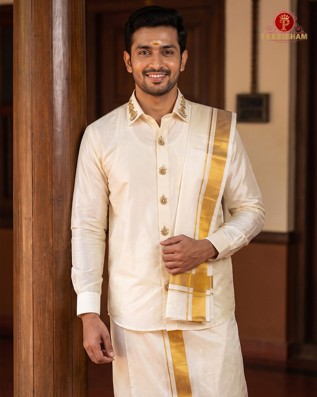Luxury Aari Work Wedding Silk Dhoti Set - (HandCrafted) "Peacock"