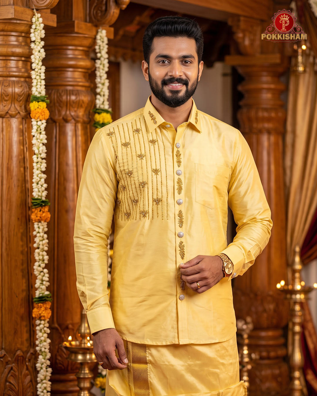 Aari Work Men's Shirt - Mango