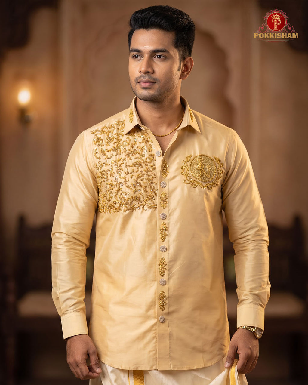 Aari Work Men's Shirt - Biscut