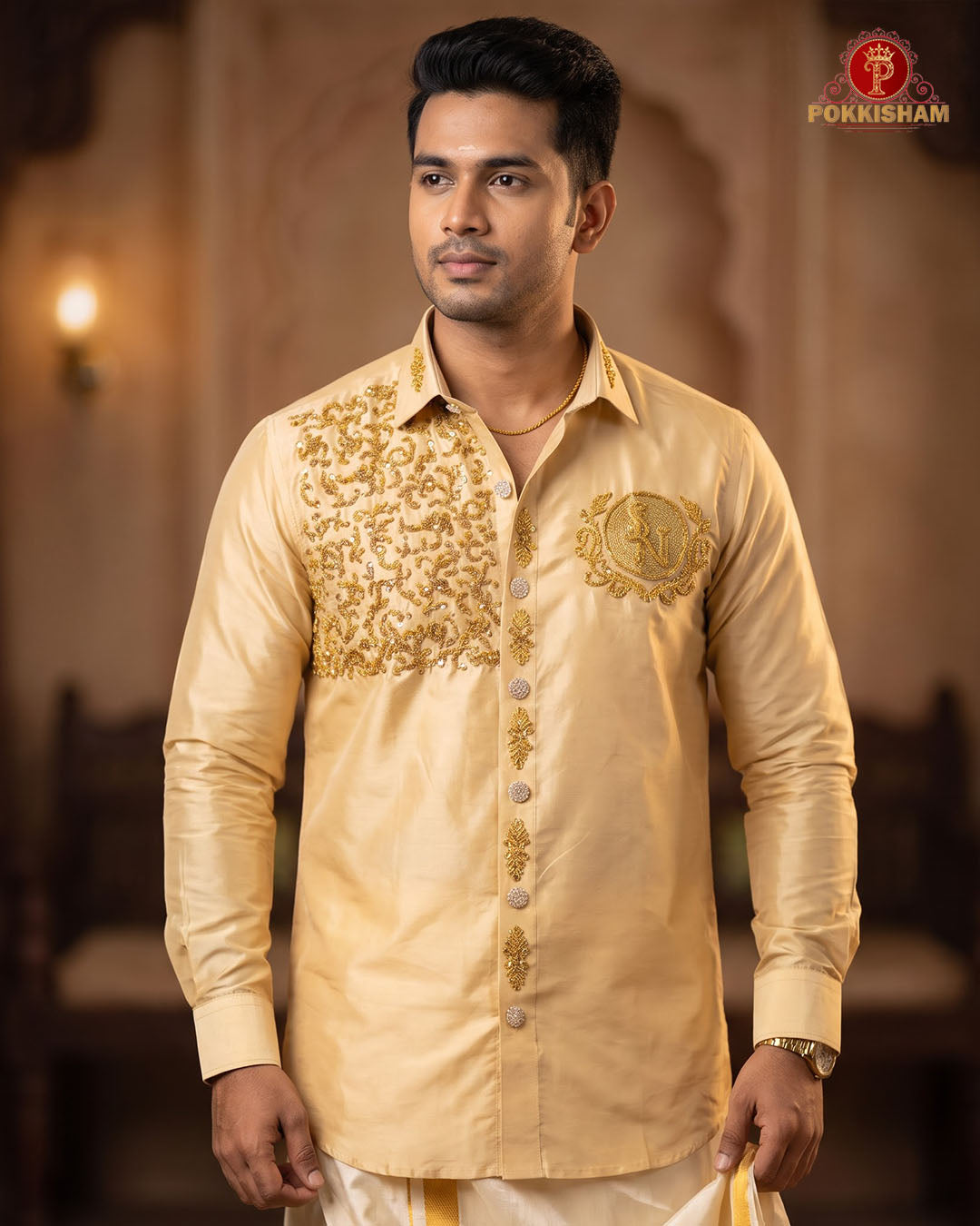 Aari Work Men's Shirt - Biscut