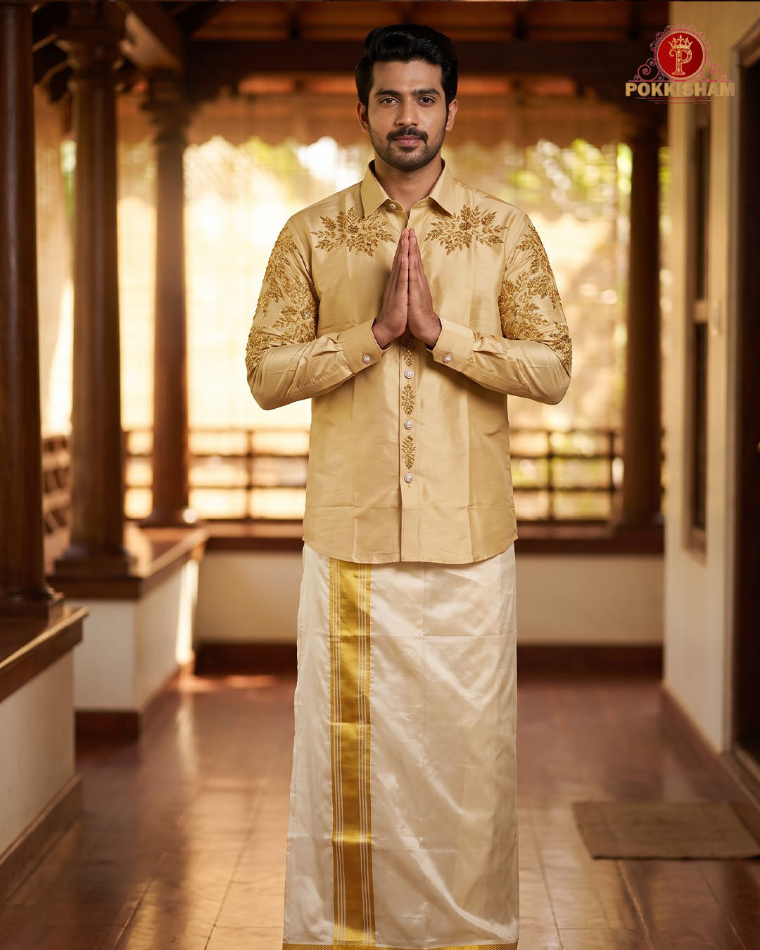 Luxury Aari Work Wedding Silk Dhoti Set - (HandCrafted)