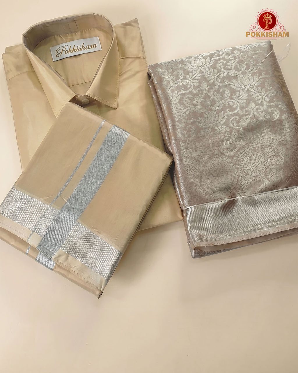Premium Silk Couple Combo Set with Colour Zari - Sandal