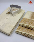 Wedding Pure Silk  Mens shirt and Dhotis Set  -  Cream